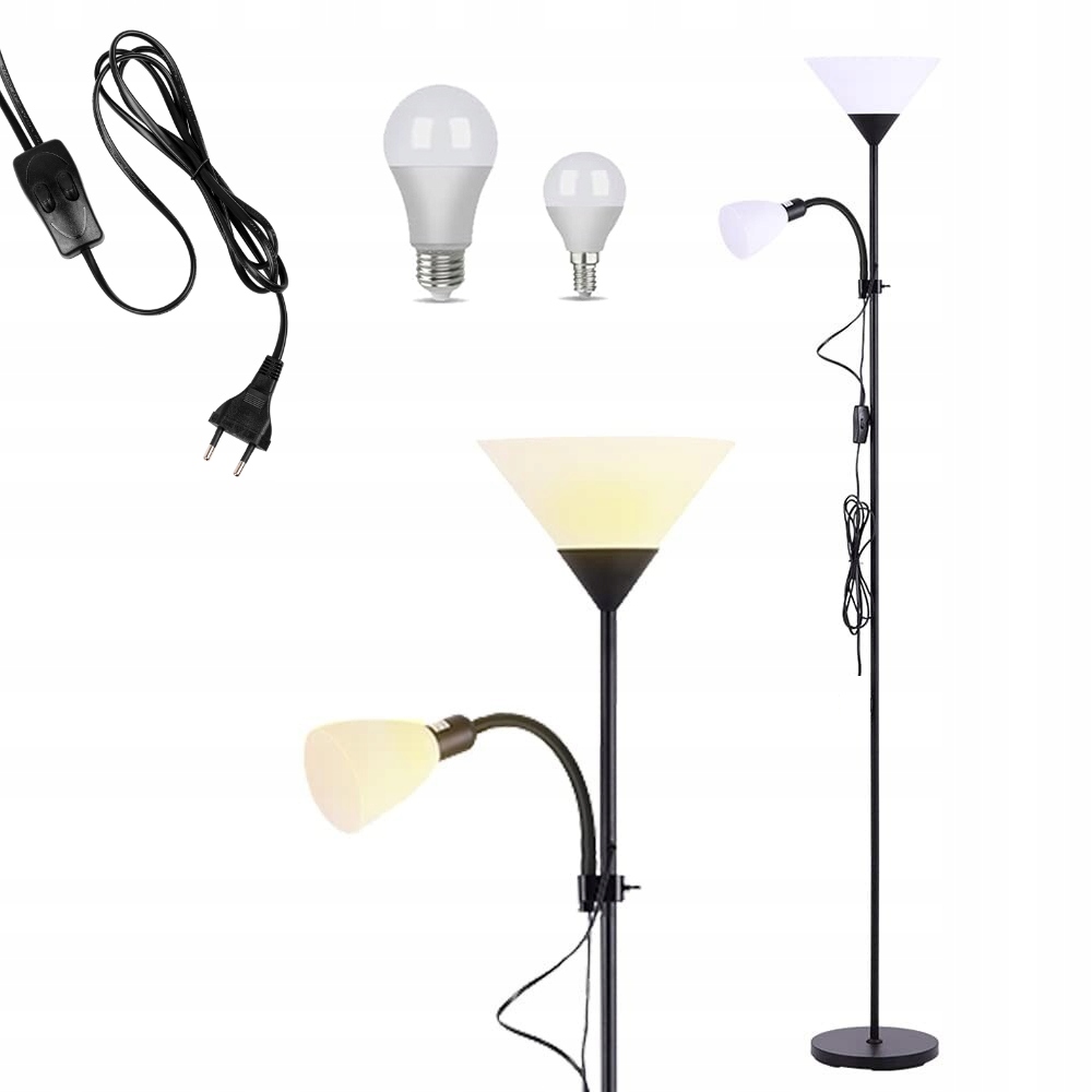 Moderní Podlahová Lampa E27 164 cm Stojící Noční Pro Čtení 2V1 černá