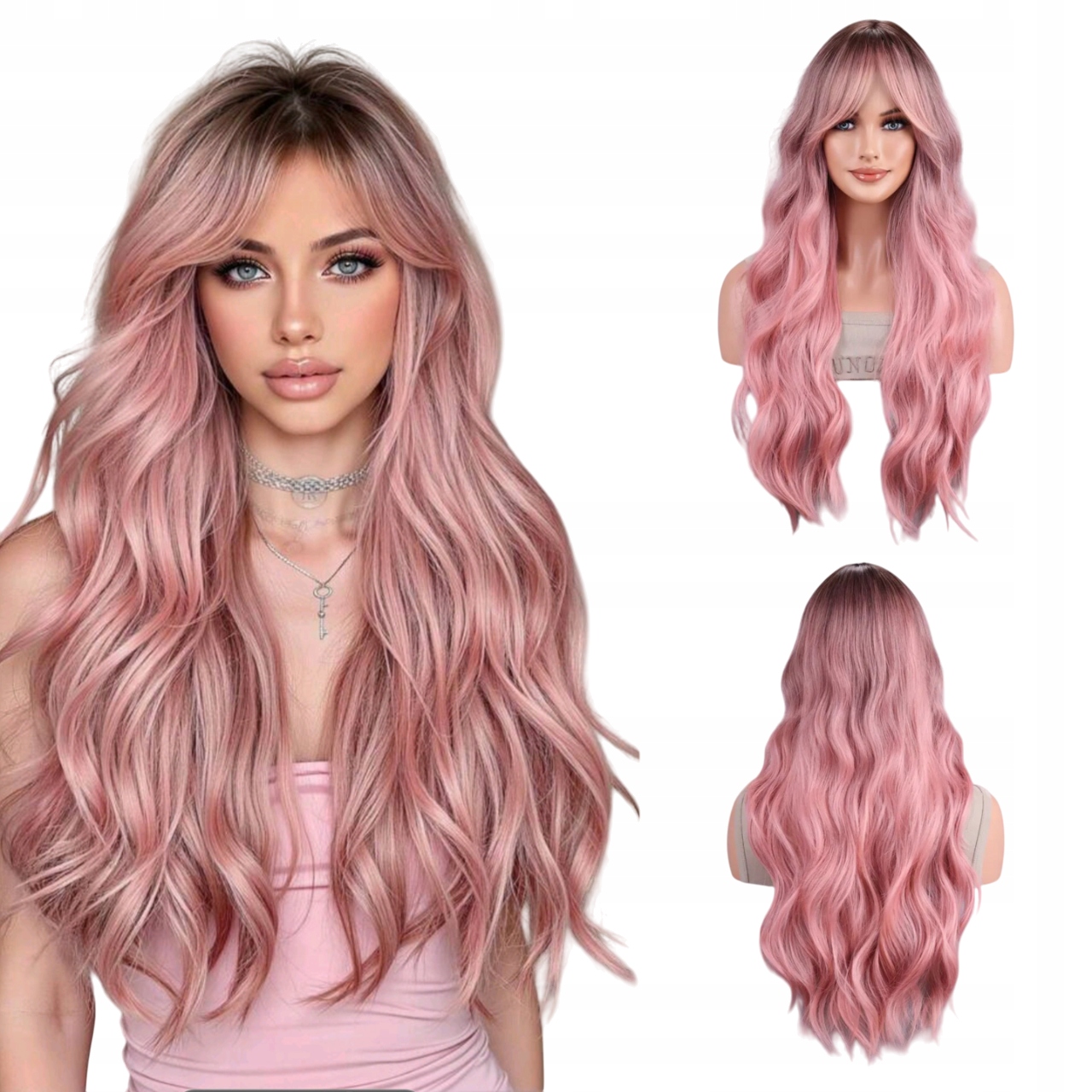 Peruka damska różowa fale Długie włosy jak naturalne +Czepek peruki damskie