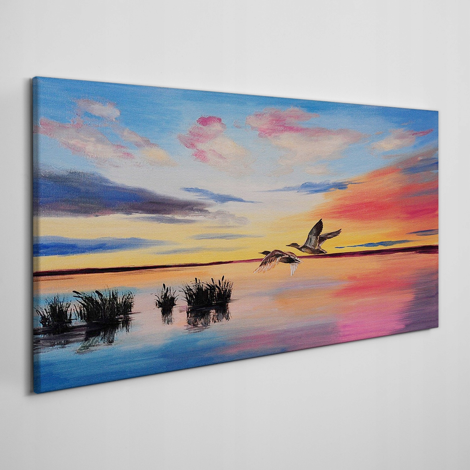 

Obraz płótno Jezioro ptaki zachód słońca 140x70 cm