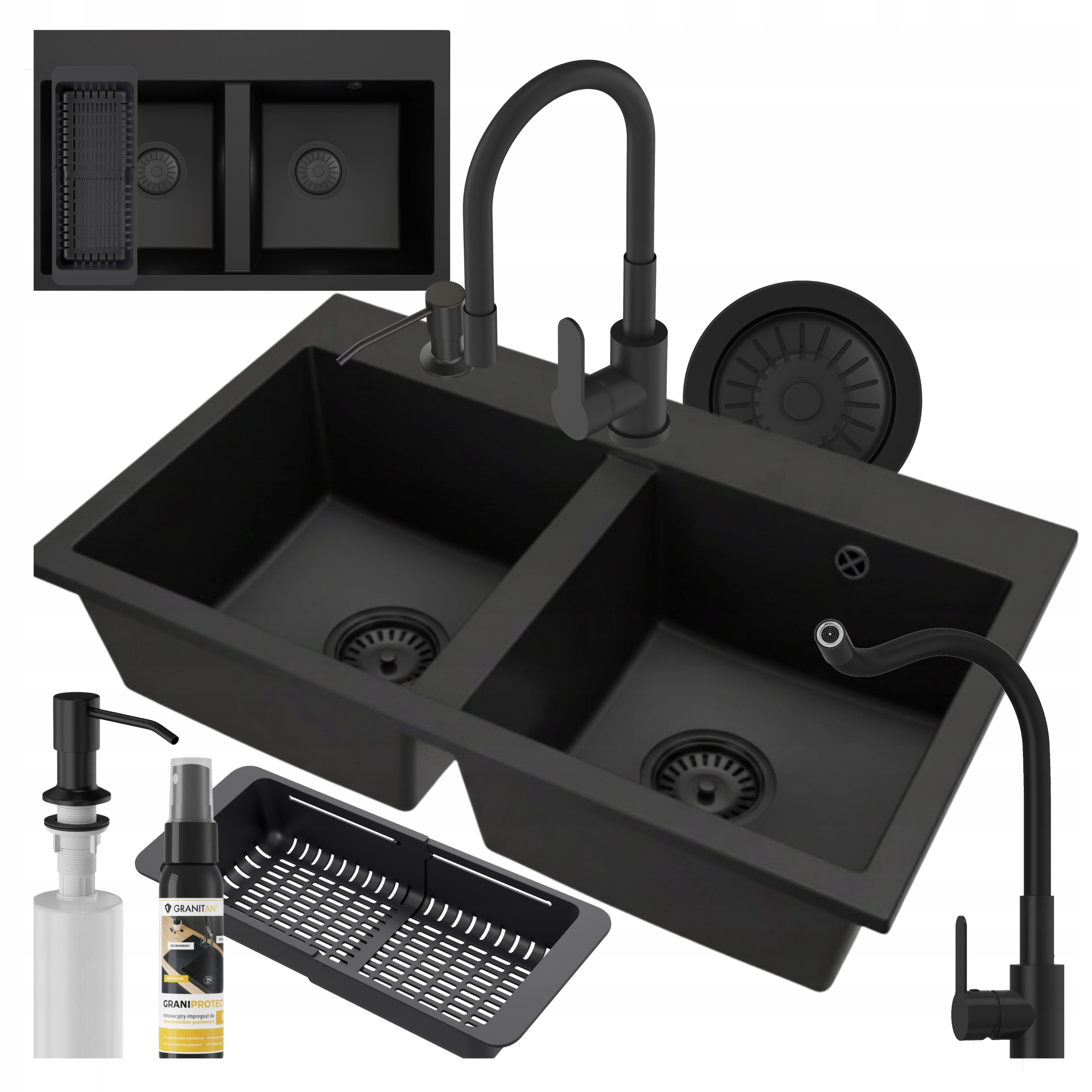 Granitový drez Dvojkomorový Sada Twin umývadlo batéria sifón Zadarmo