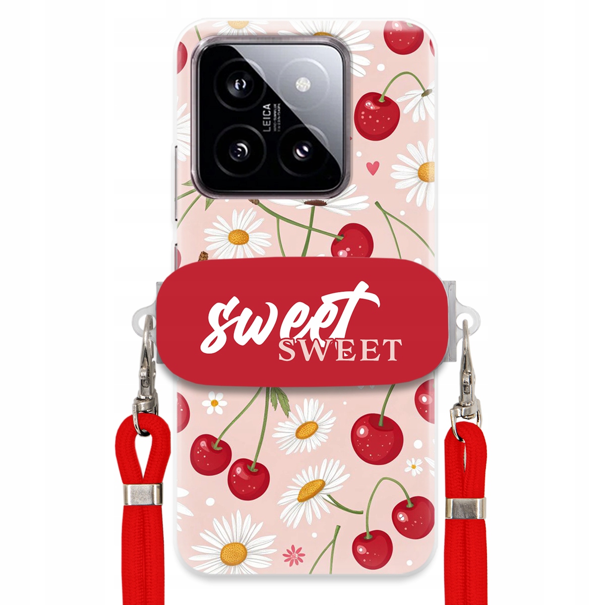 Pouzdro pro Xiaomi 14 Červené vodítko držák Sweet Sweet Višeň a sedmikráska
