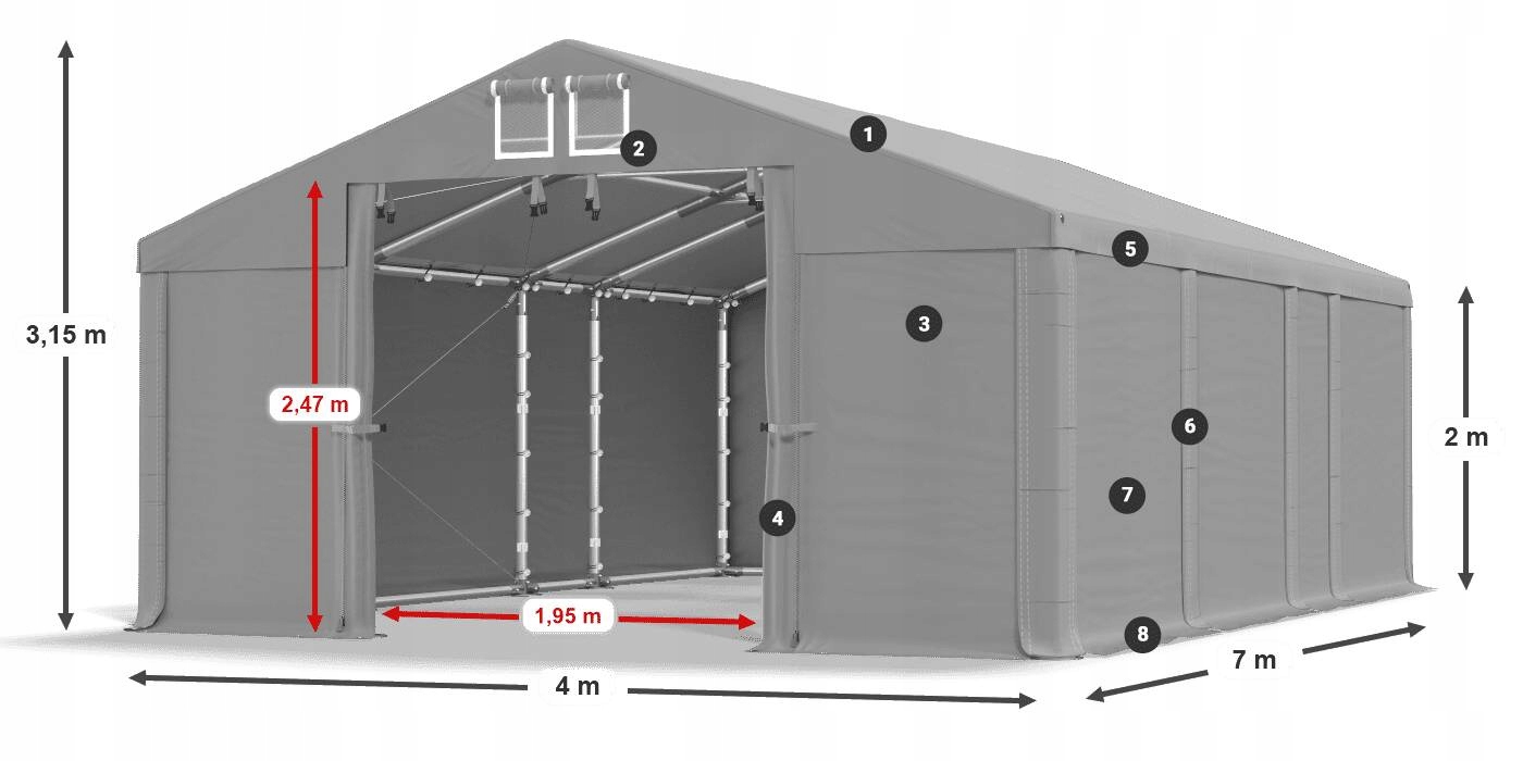 Namiot Magazynowy 4x7m Rolniczy DAS 620 WP Szerokość 4 m