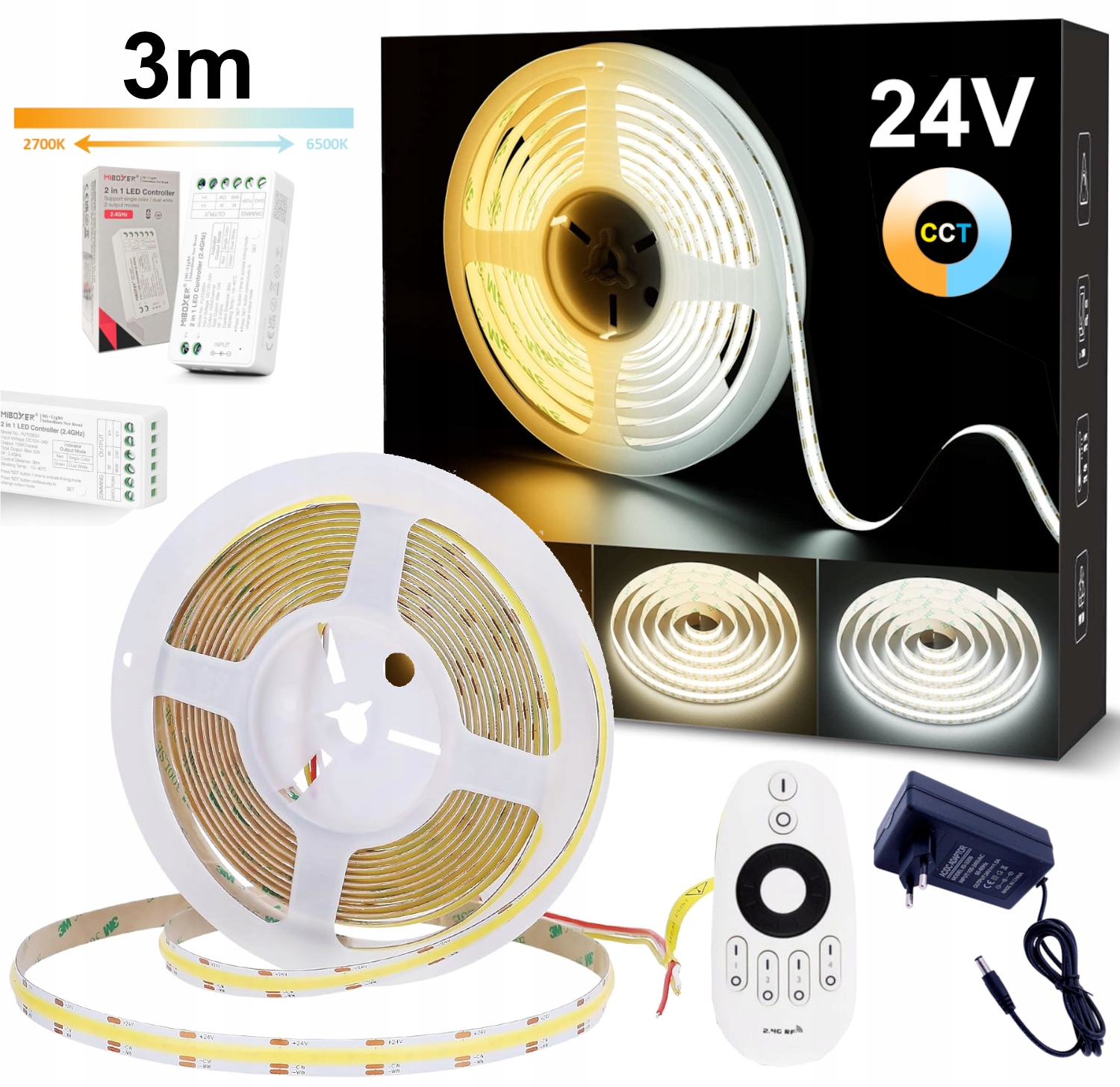 Led pásek 3 m Cob Cct 24V S Proměnnou Barvou 2700K-6500K Ovladač Napájecí Zdroj