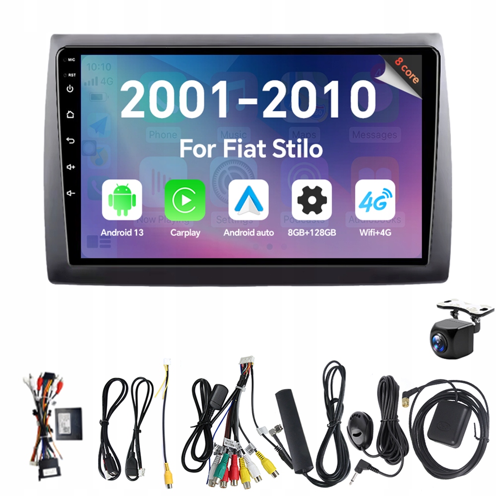 Autorádio Eunavi 2Din s Androidem 13 a 2048 MHz pro Fiat Stilo 2001-2010, CarPlay 8G, 128G