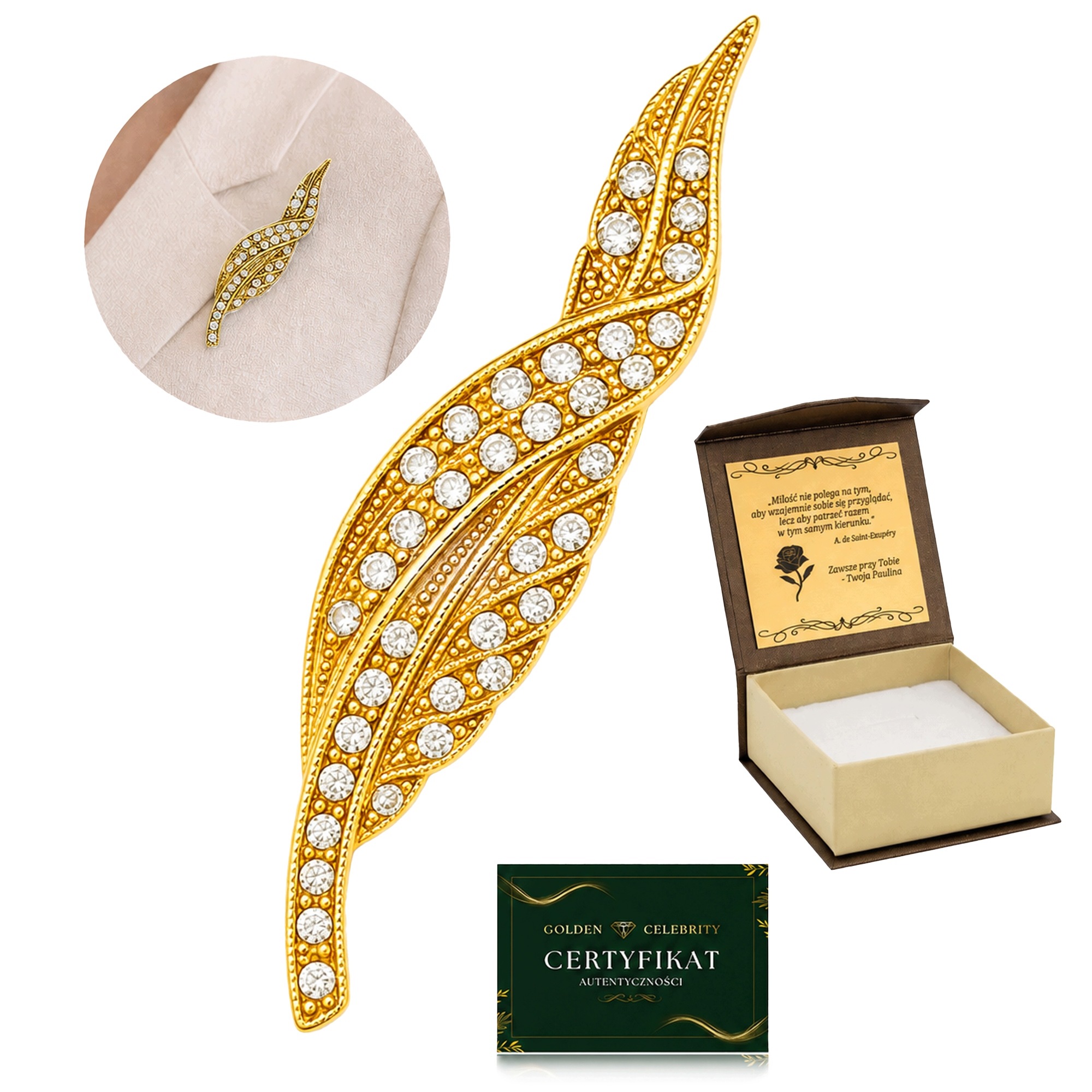 Brož Připínáček List Stříbro 925 Pozlacený 24K Zlatem Zirkony Elegantní