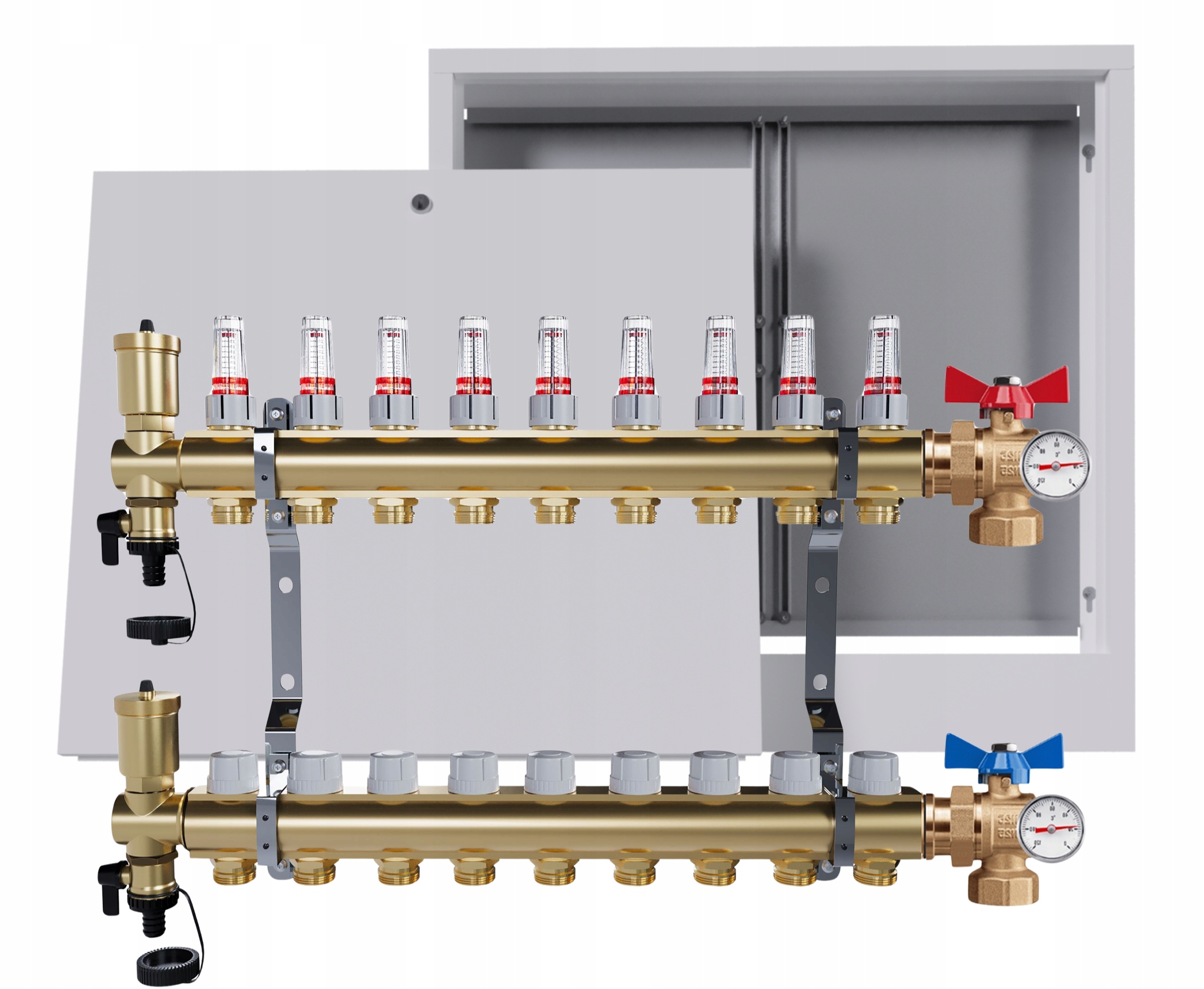 Rozdělovač Pro Podlahu 9 Okruhů Ventil Teploměr Nástěnná Skříňka