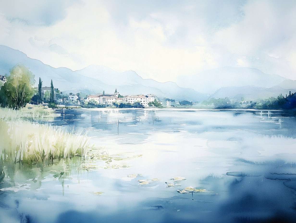 Obraz Na Plátně Canvas Akvarel Krajina Voda Jezero Městečko Hory 100x75
