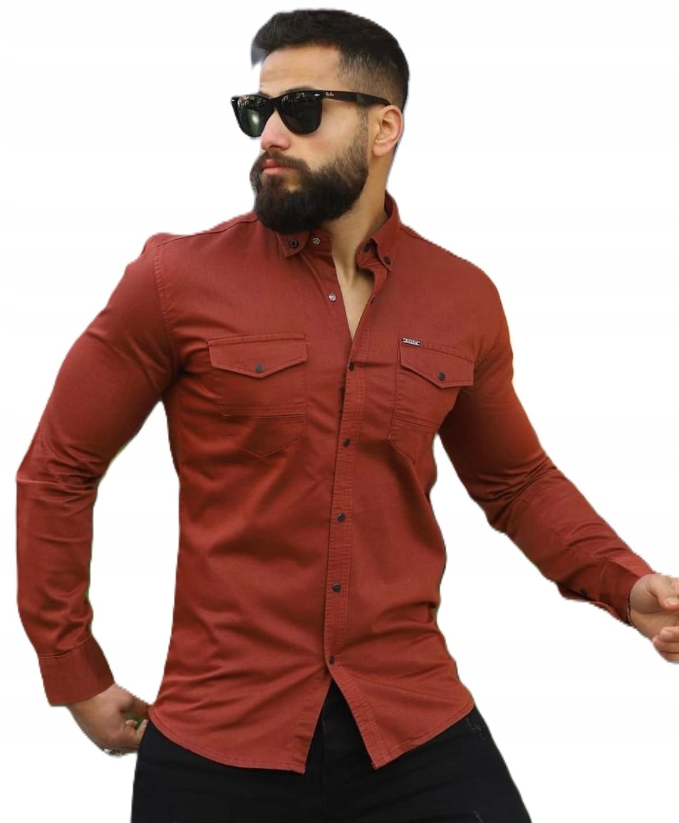 Pánská džínová košile Cihlová barva Bavlněná Druky ErnestoMen XL-2XL