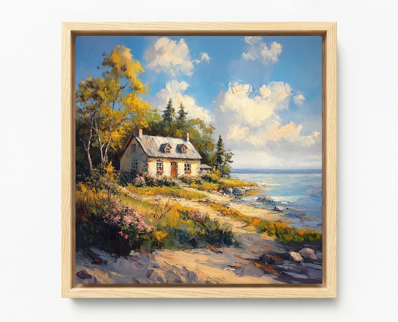 Obraz Rama American Box Pejzaž Domov More Pobrežie Pláž Kvety Hygge 60x60