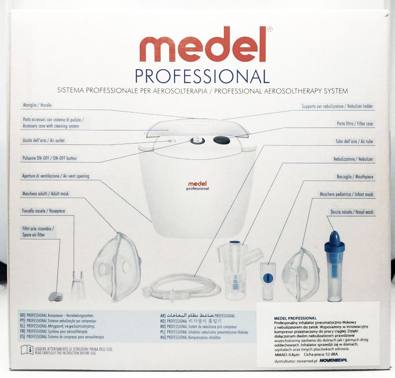 INHALATOR MEDEL PROFESSIONAL 2 NEBULIZATORY+MASKA Skład zestawu filtry końcówka do nosa maska dla dorosłych maska dla dzieci nebulizator (rozpylacz) przewód powietrza ustnik