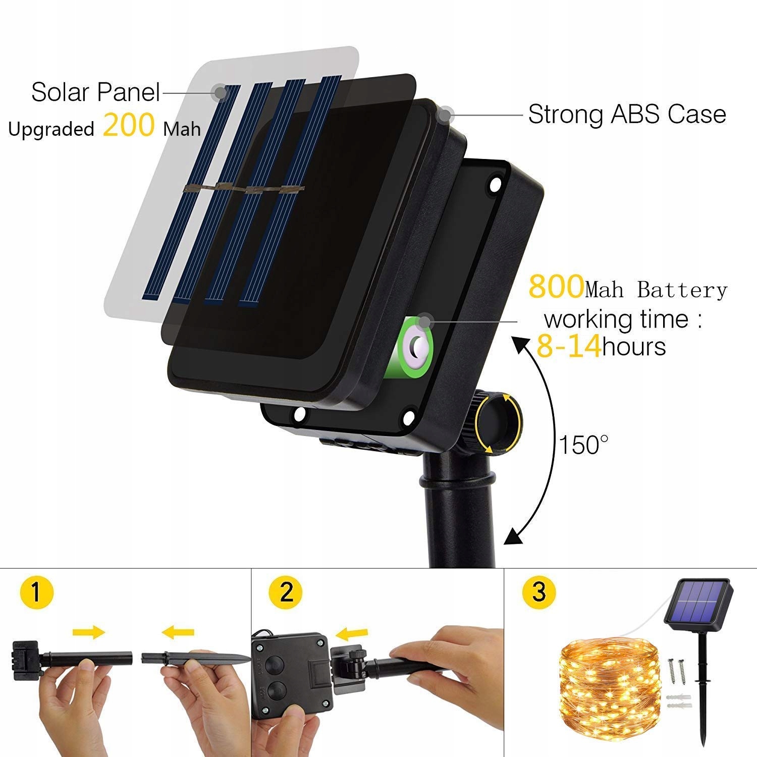 USEBER 2x14M 120 LED Solar Lichterkette Zewnątrz Ciepły Biały — miniatura 6