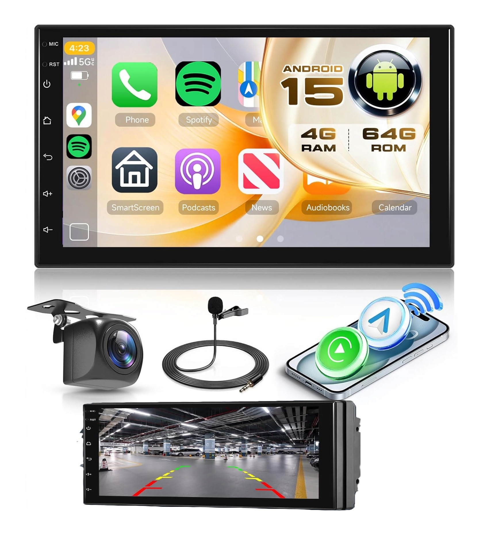 Rádio Android Gps 2Din 7" Wifi Bt Rds Carplay Android Auto 4/64GB Kamera