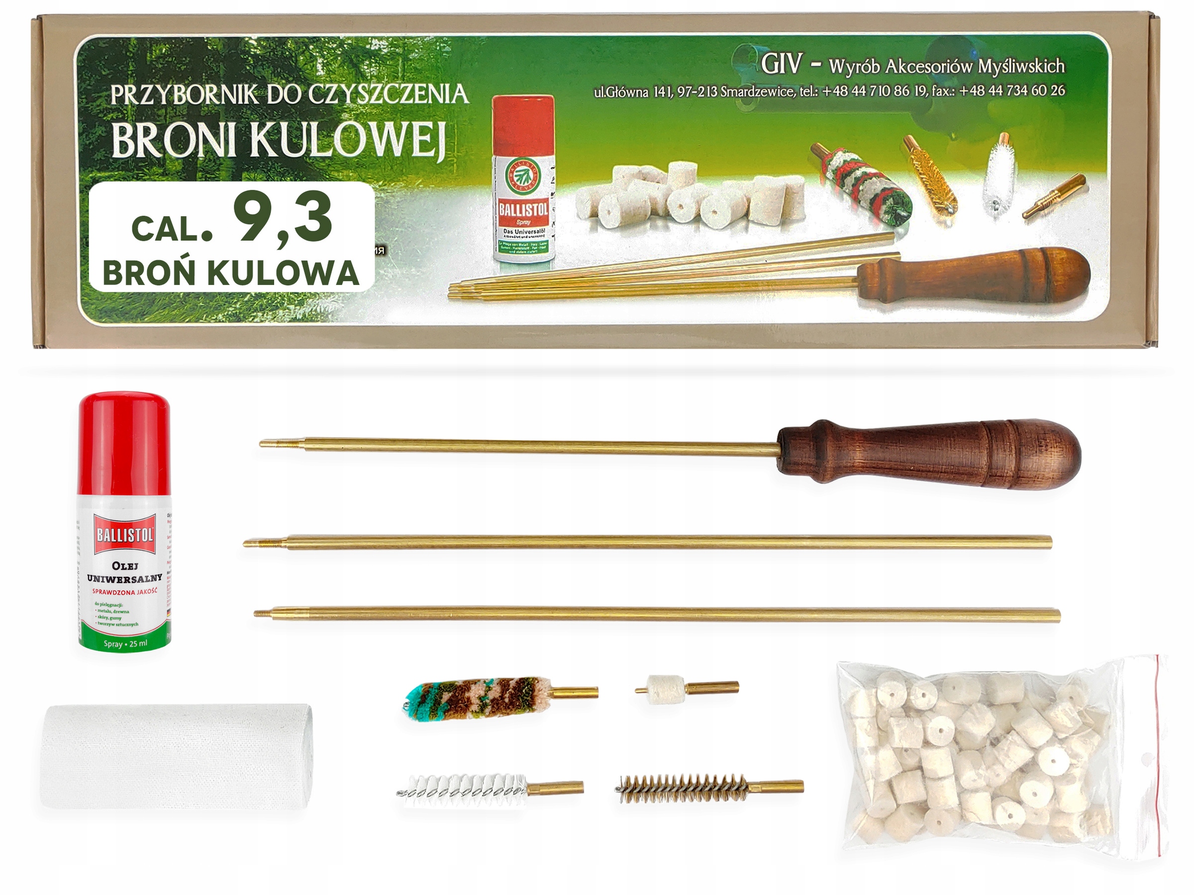 Sada na čištění kulových zbraní 9,3 mm v krabičce vytěrák kartáče mazivo