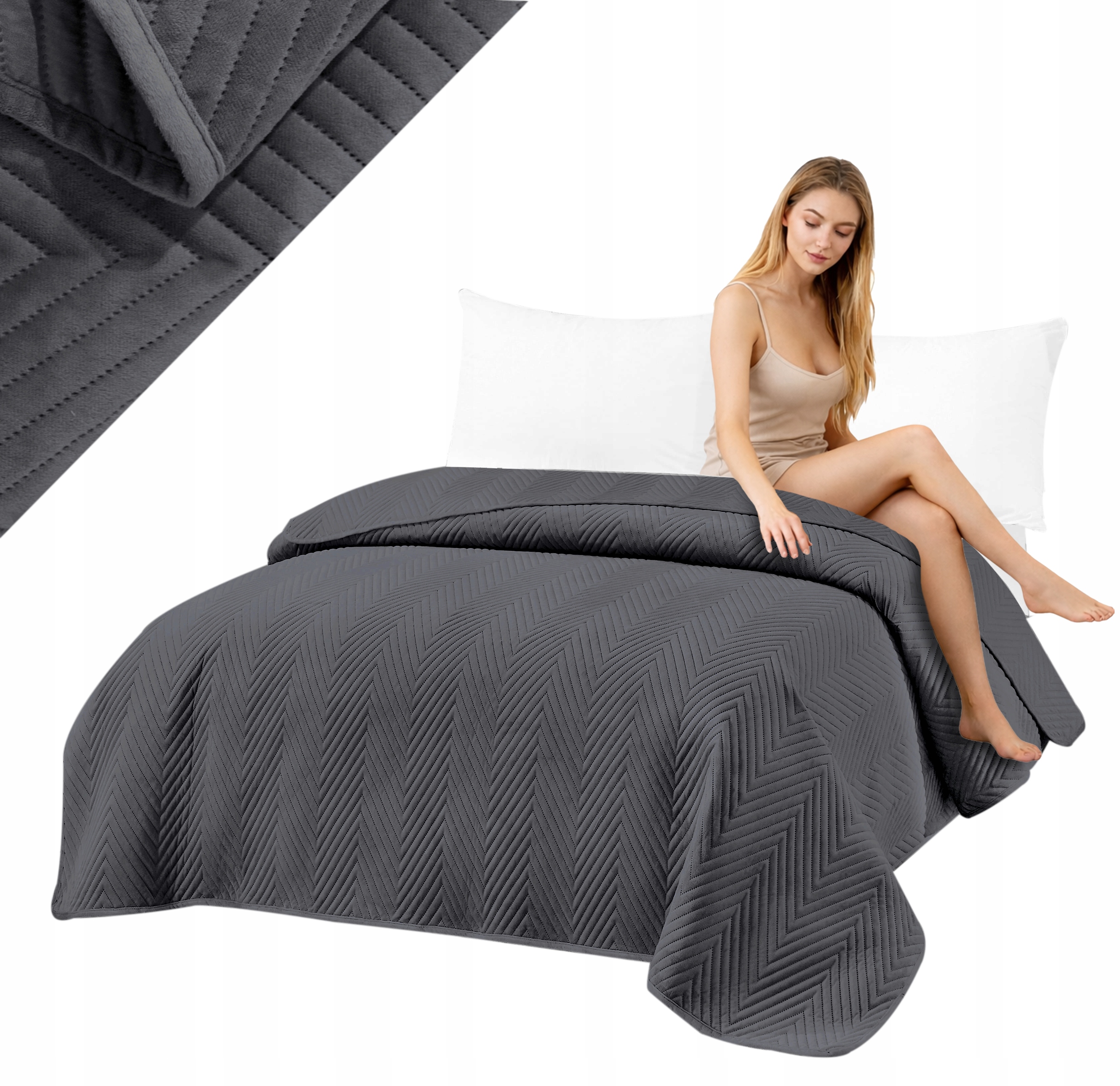 Narzuta 200x220 Na Łóżko Welurowa Grafitowa Pikowana Jodełka