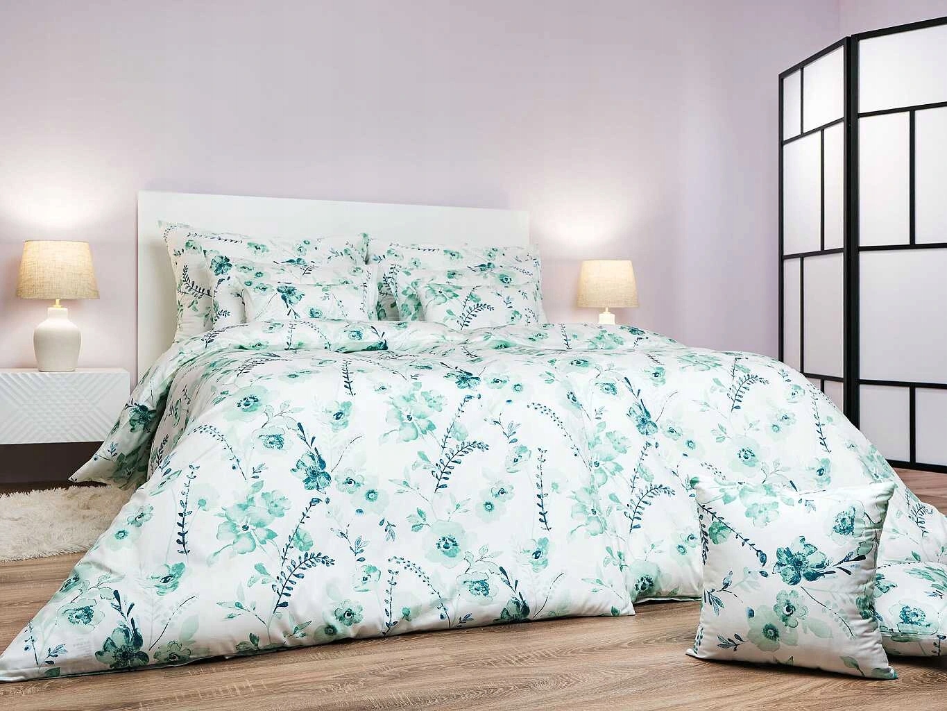 Obliečky satén Kvietia mentolové na bielom 140x200, 70x90 cm