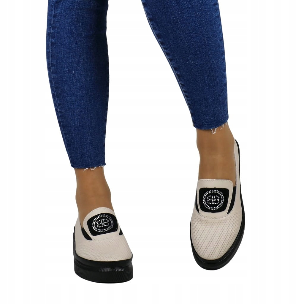 DAMSKIE SKÓRZANE PÓŁBUTY NA KOTURNIE PLATFORMIE BEŻOWE Wzór dominujący bez wzoru