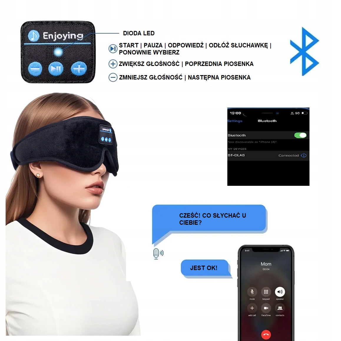 Akių kaukė miegui su Bluetooth ausinėmis, 3D, šviesą blokuojanti, kelionėms, mėlyna, patogiam miegui nuotrauka 15