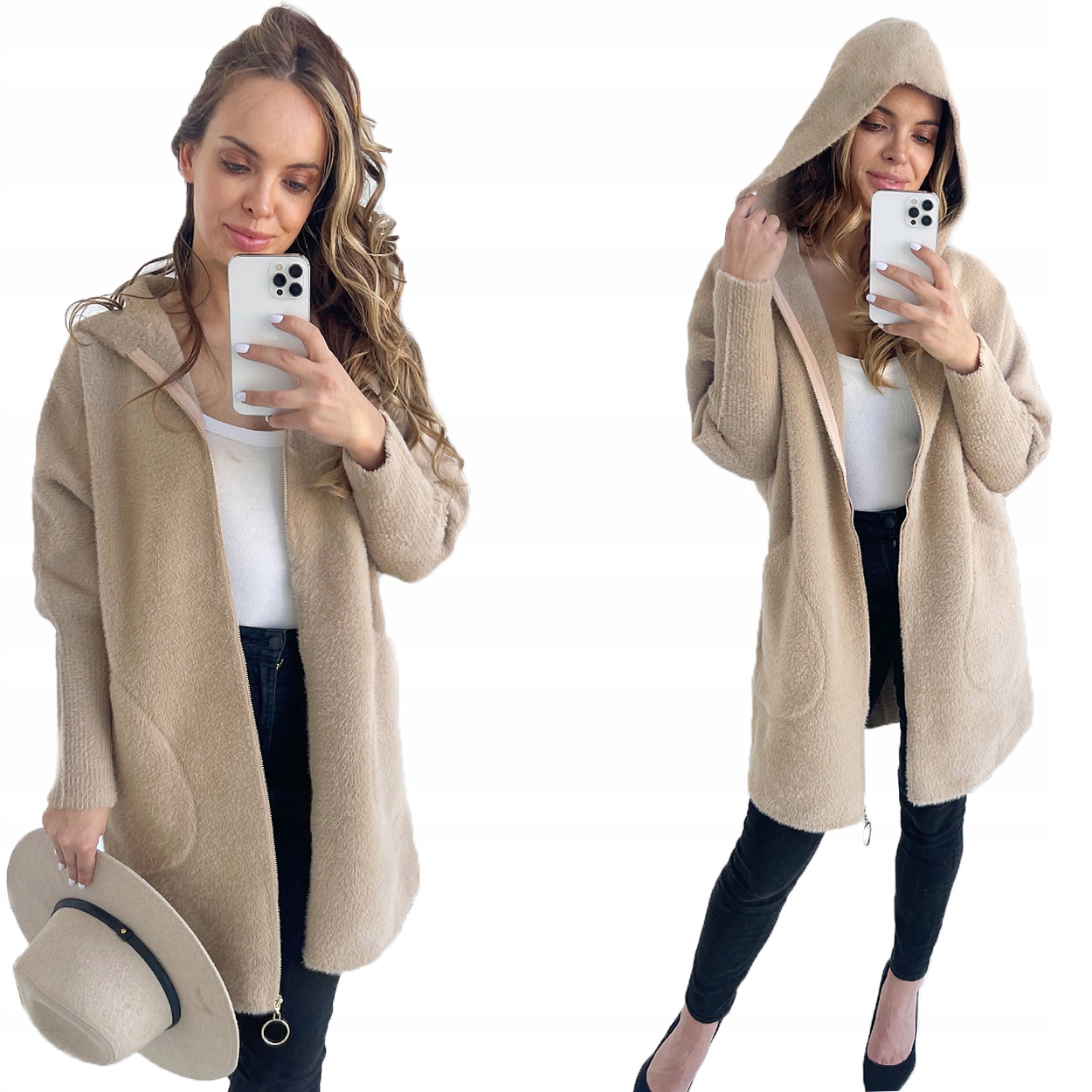 Klasyczny Ciepły Płaszcz Z Alpaki Na Suwak Jasny Camel