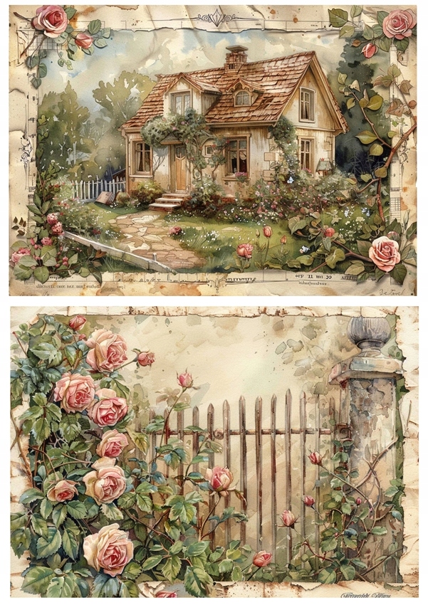 Papier ryżowy A4 Artando Dom domek płot płotek ogród kwiaty róże Vintage