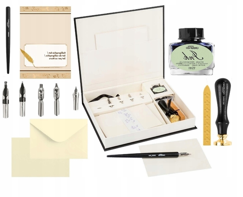 ZESTAW DO KALIGRAFII PROFESJONALNY 30 ELEMENTÓW TUSZ WOSK PIECZĘĆ PREZENT