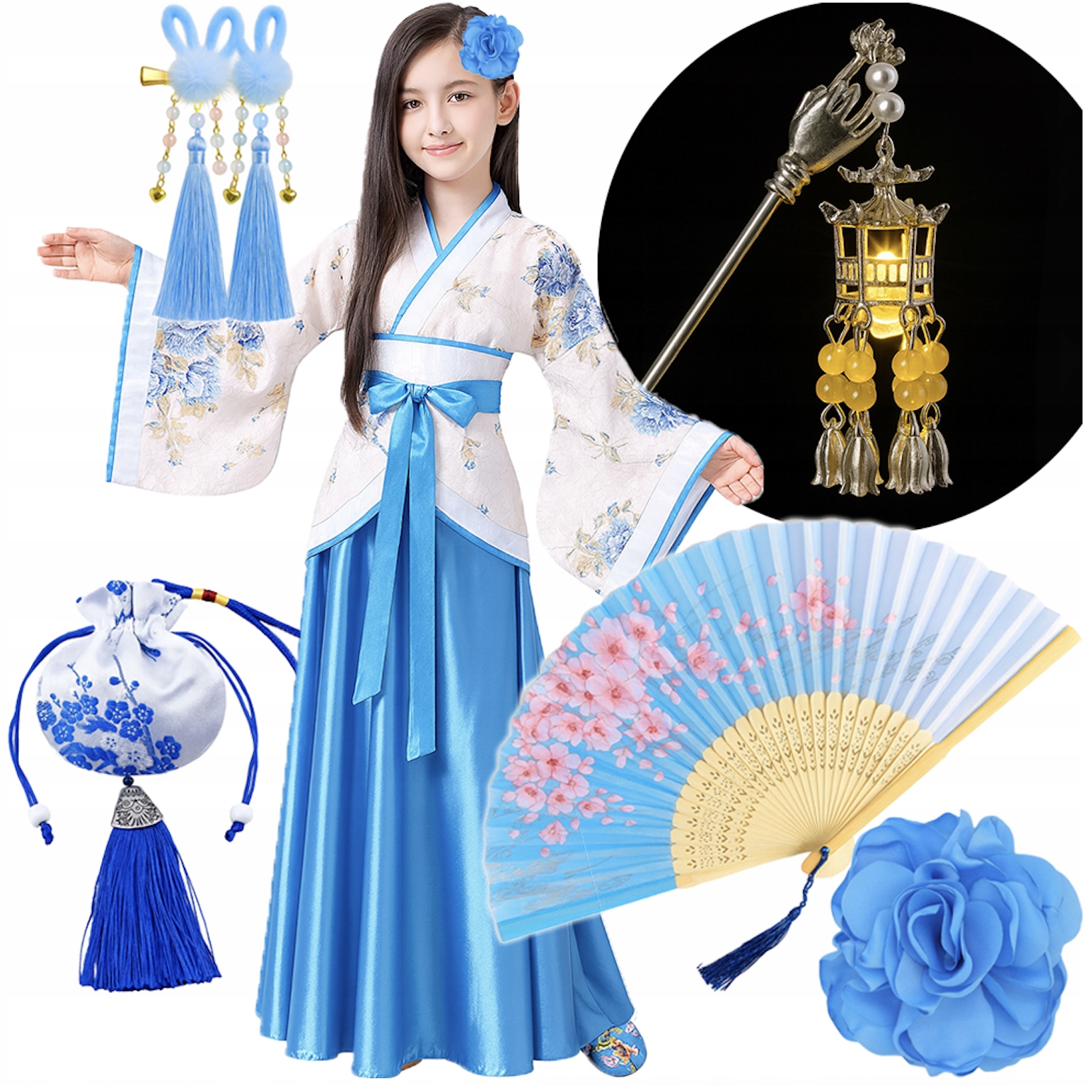 Strój Kostium Japonka Orientalne Kimono Piękne Dodatki 134/140 balovelove