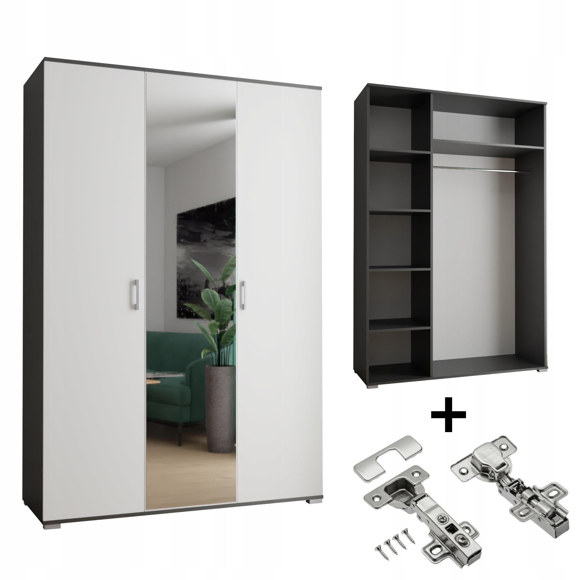 Skříň 3-D 120 x 192 x 51 cm Černá Bílá Zrcadlo S Tlumením Dovírání