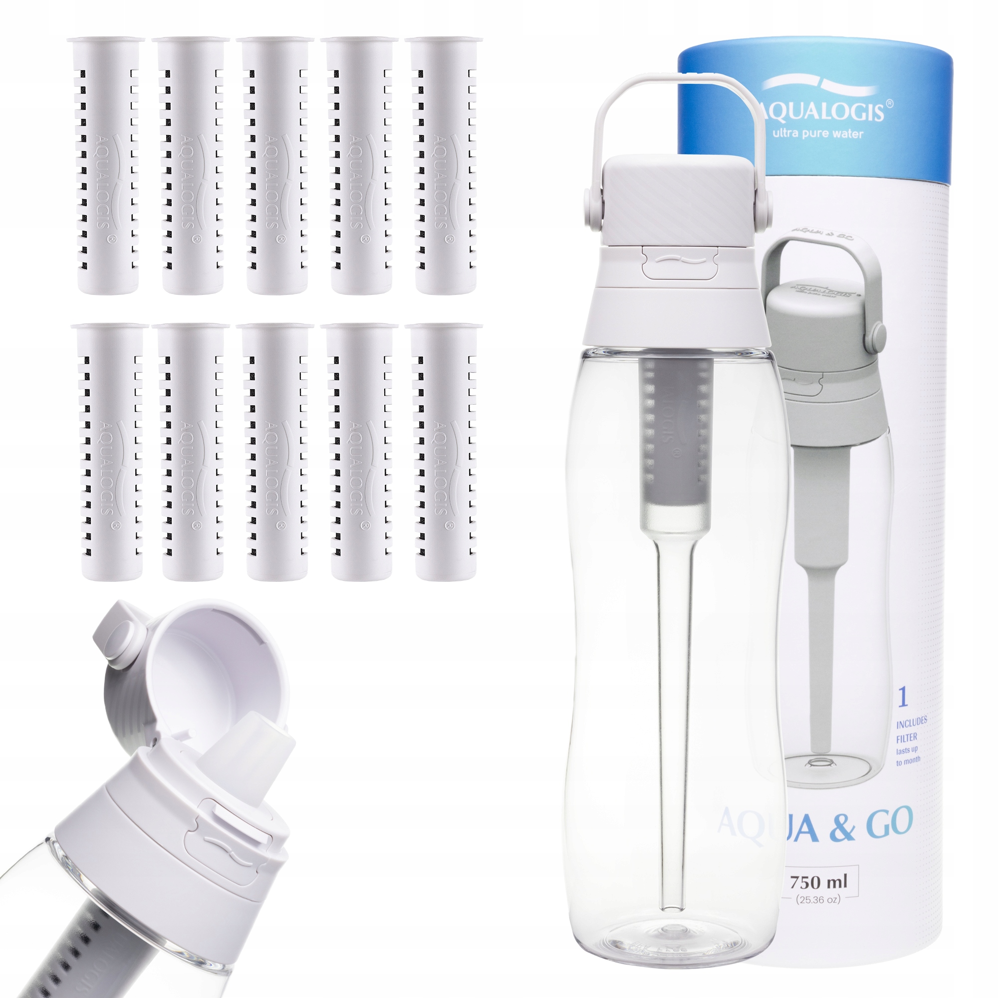 Filtrační láhev Aqualogis Aqua&Go 750 ml Bílá s 10 filtry