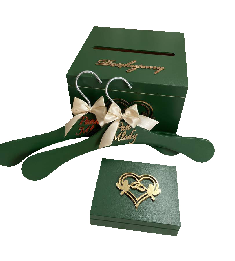 Svatební sada 2 krabiček: na obálky a snubní prsteny 2 věšáky zeleň zlato