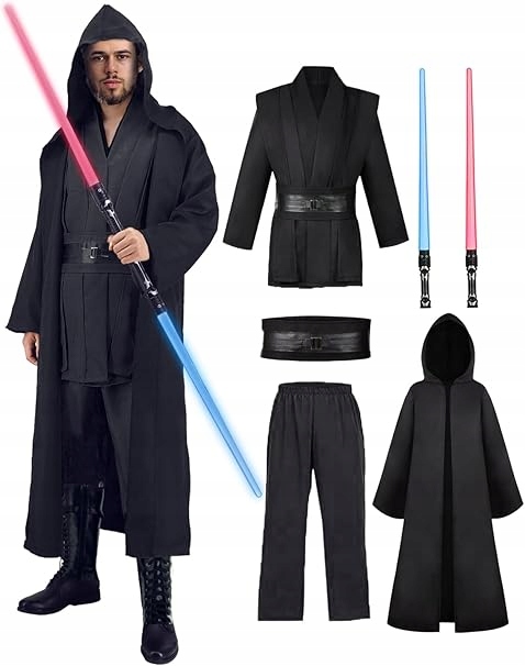 Pánský kostým Jedi plášť s kapucí tunika cosplay světelný meč XL