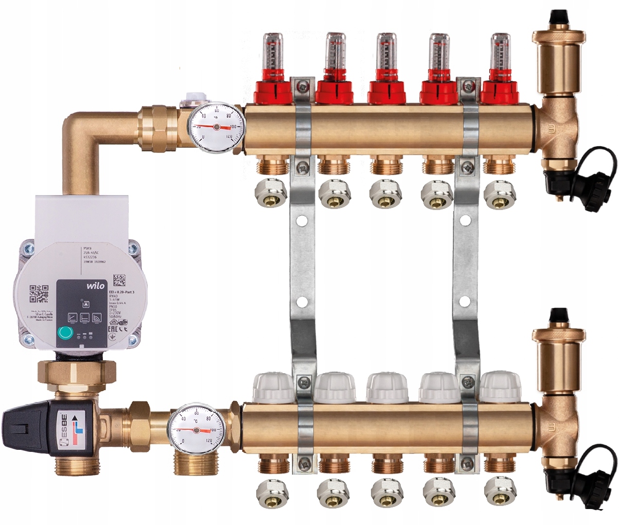 Mosazný rozdělovač pro podlahovku 5 s Čerpací Skupinou Wilo Pex Spojky