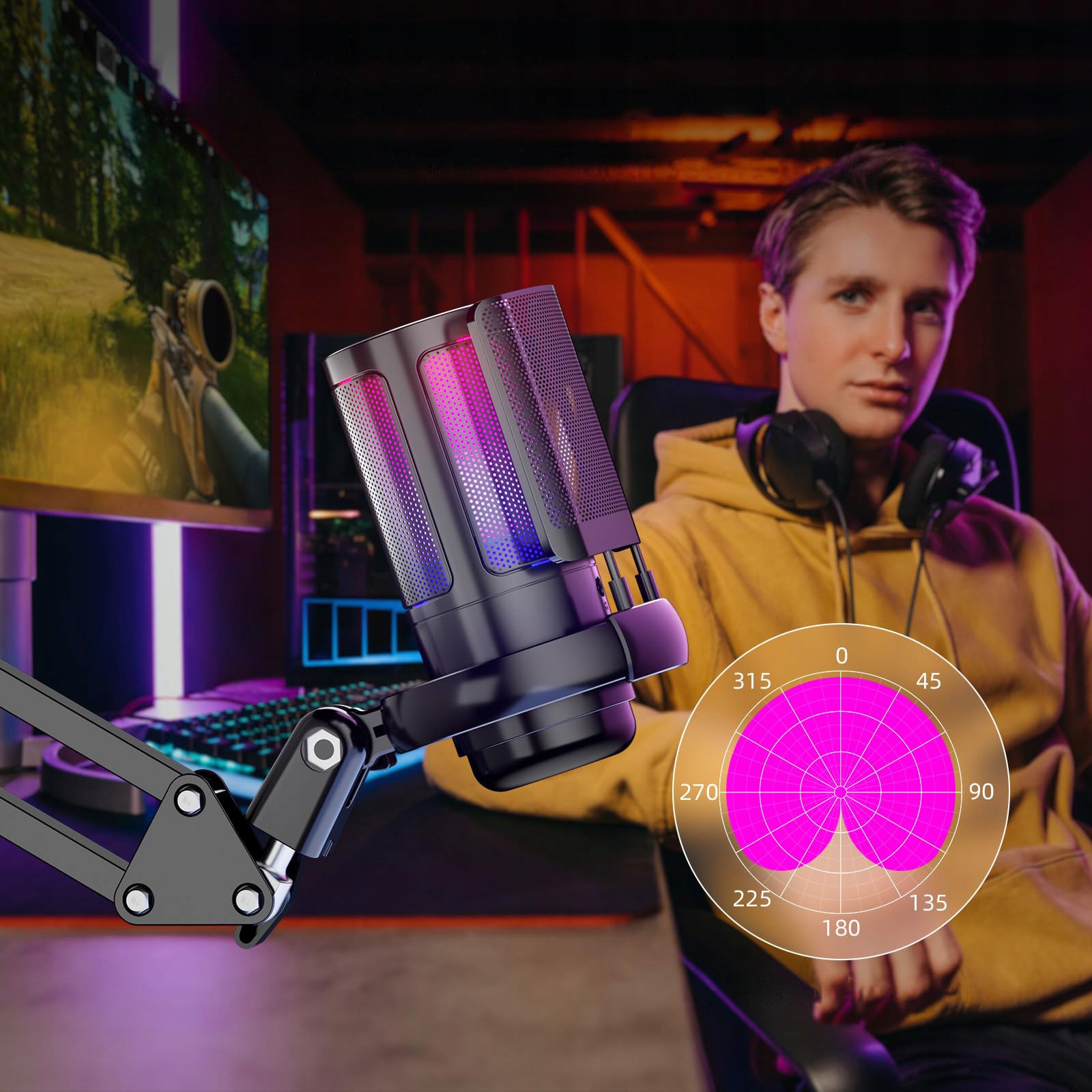 Mikrofon Studyjny Usb Jack Pojemnościowy Gamingowy Regulowane Ramie Filtr