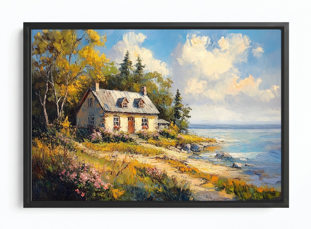 Obraz Rám Americká Krajina Dům Moře Pobřeží Pláž Květiny Hygge 60x40