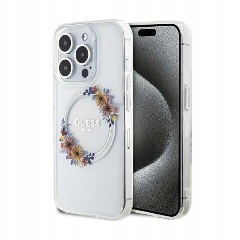 Guess IML Flowers Wreath MagSafe – Pouzdro pro iPhone 15 Pro Max (průhledný)