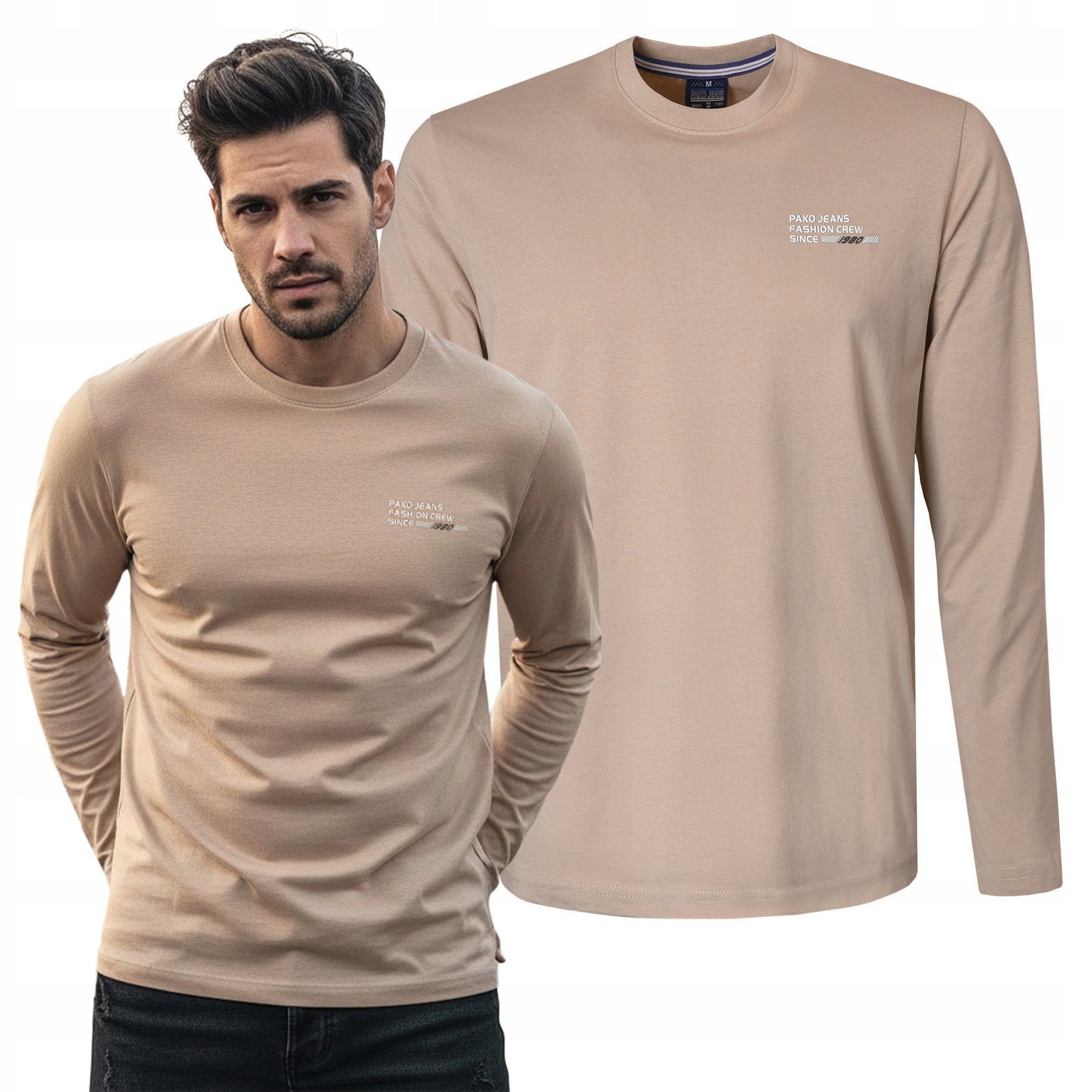 Longsleeve Pánské Tričko s dlouhým rukávem Bavlněné Béžové 3XL Pako Jeans