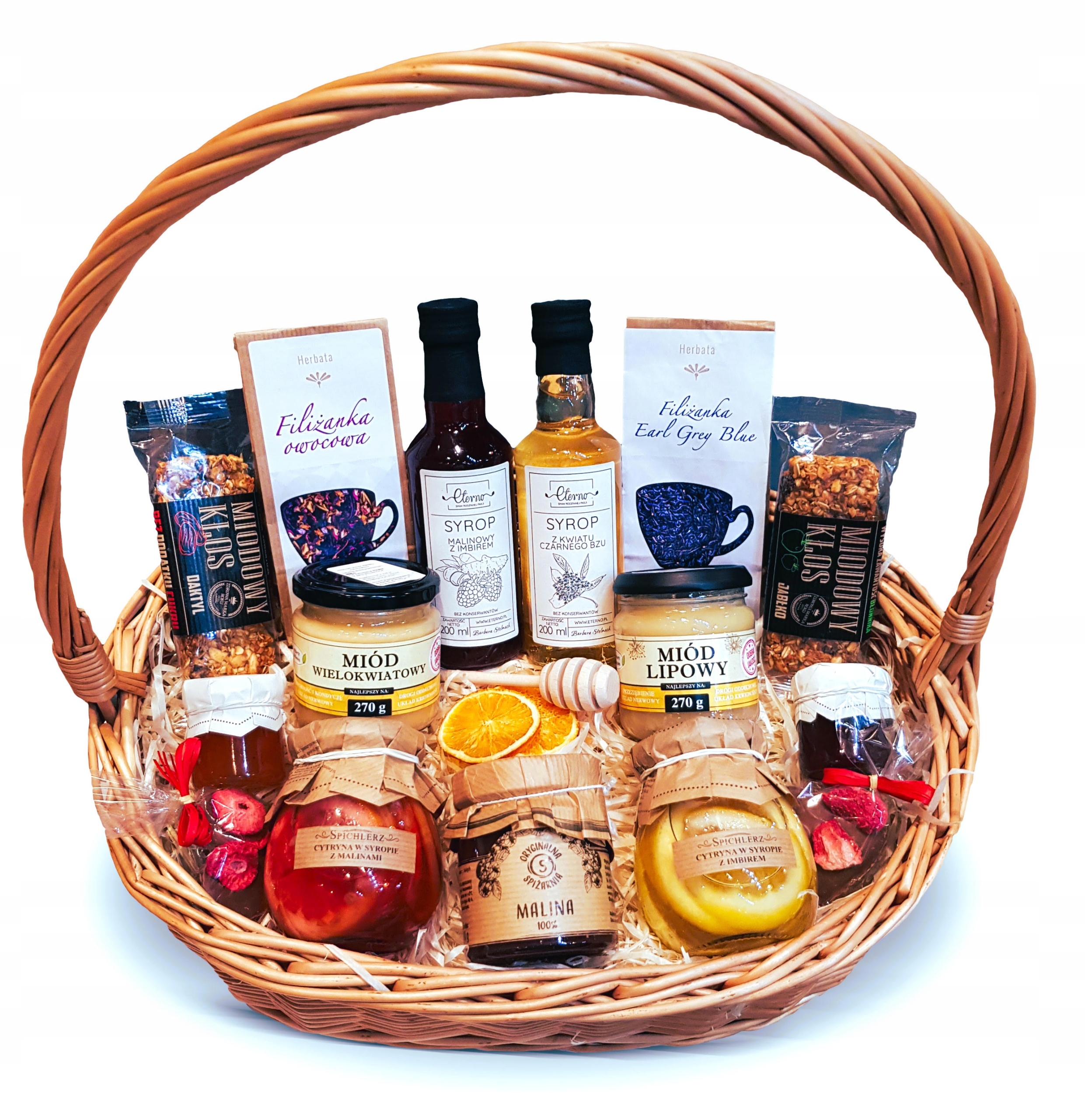 Kosz Zestaw Prezentowy Miód Czekolada Malina Herbata