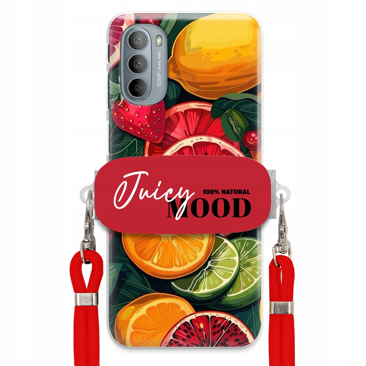 Puzdro pre Motorola G31 4G Červené Crossbody vodítko držiak Juice Mood Ovocie