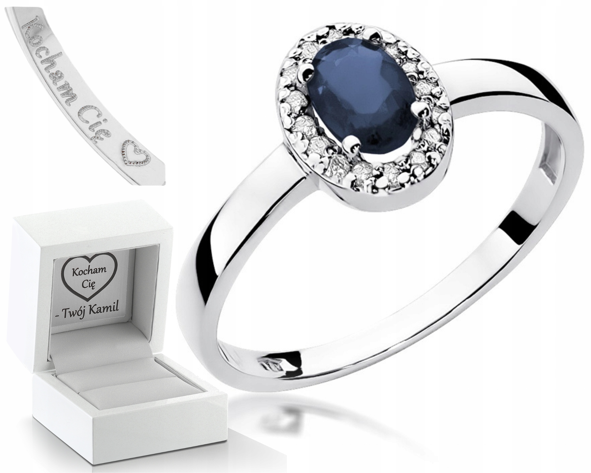 Prstýnek Se Safírem A Diamanty Gravírování Bonus