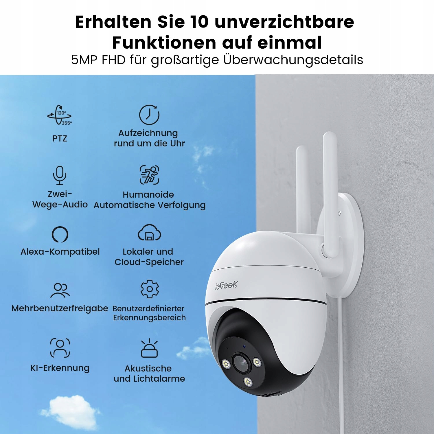 IEGEEK Kamera Zewnętrzna 5MP PTZ IP WiFi Kolorowy Nocny Tryb Audio — miniatura 2