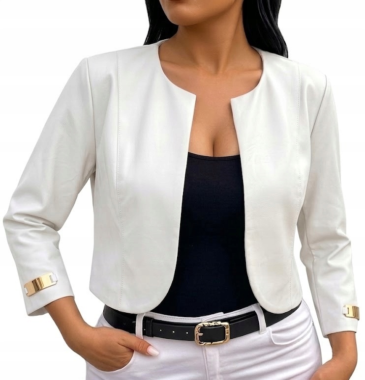 Żakiet krótki kremowe eko skóra marynarka narzutka bolerko złote blaszki 48