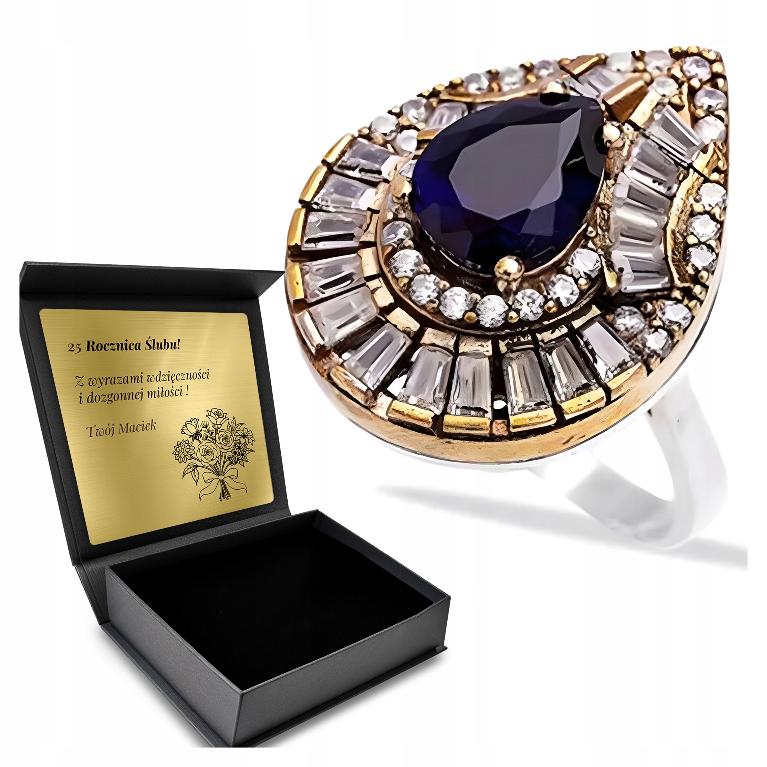 Prstýnek 925 Zirkony Safír Dárek Den žen Gravírování Bonus