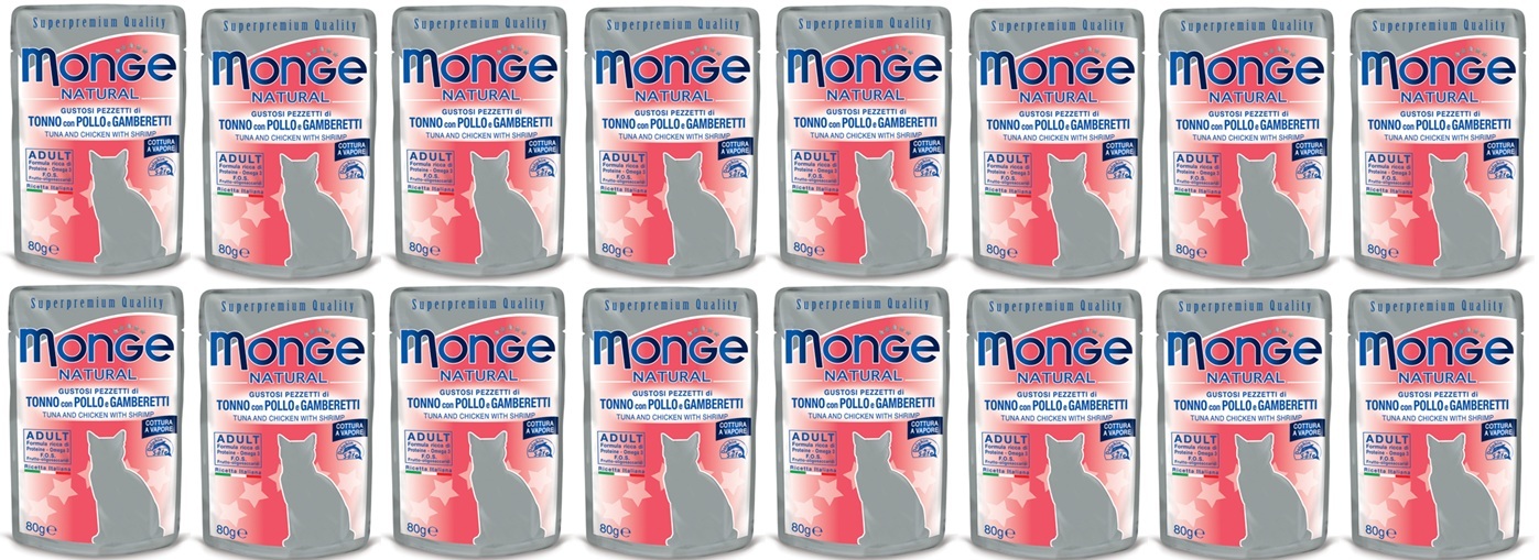 Monge Buste – tuňák s kuřecím masem a krevetami 16 x 80 g