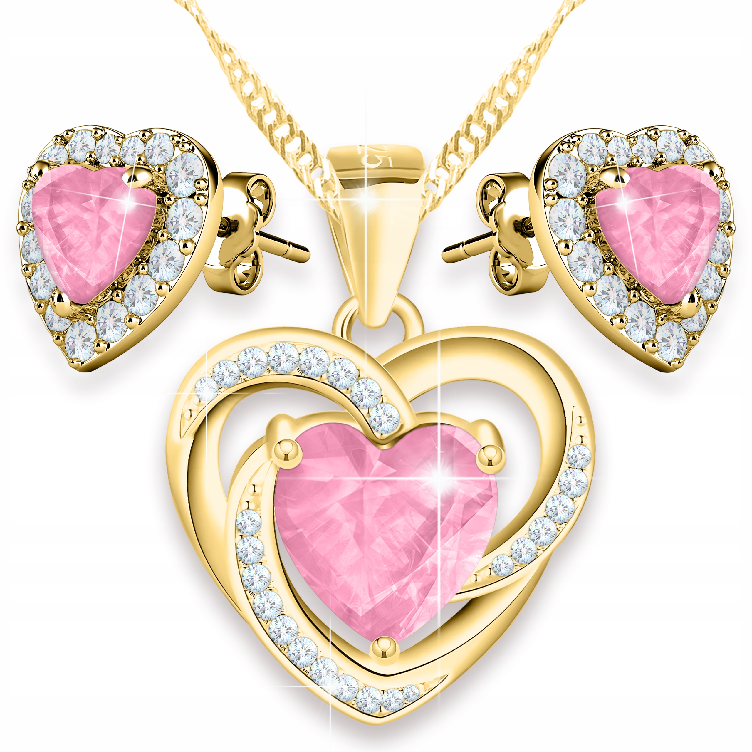 Zlatá sada náhrdelníků Náušnice 925 Růžové křišťálové srdce Pozlacené 585