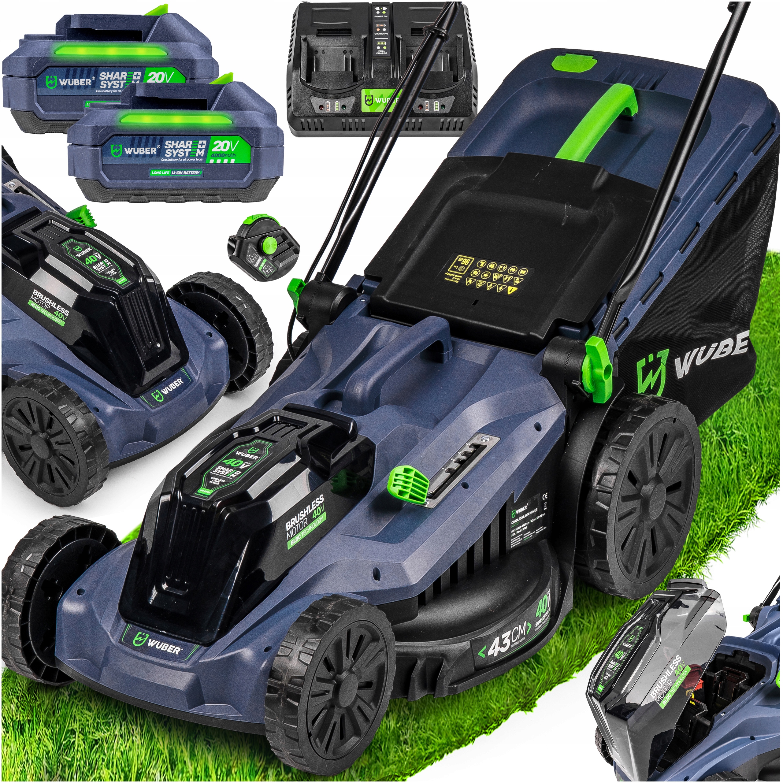Kosiarka Akumulatorowa Bezszczotkowa 43CM Do Trawy 2X Aku 12AH Mocna Wuber