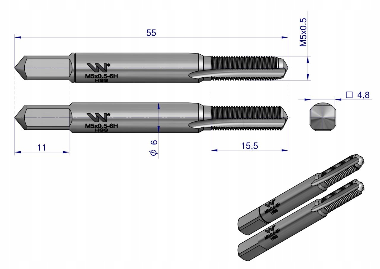 Gwintowniki komplet 2 szt do gwintu metrycznego drobnozwojnego DIN2181 M5X0 Marka Waryński