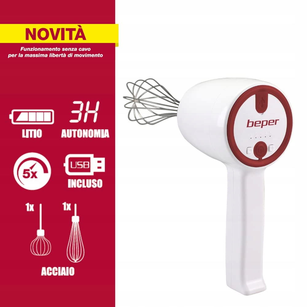 BEPER Bezprzewodowy Mikser Ręczny 20W 5 Prędkości USB Czerwony Biały — miniatura 2