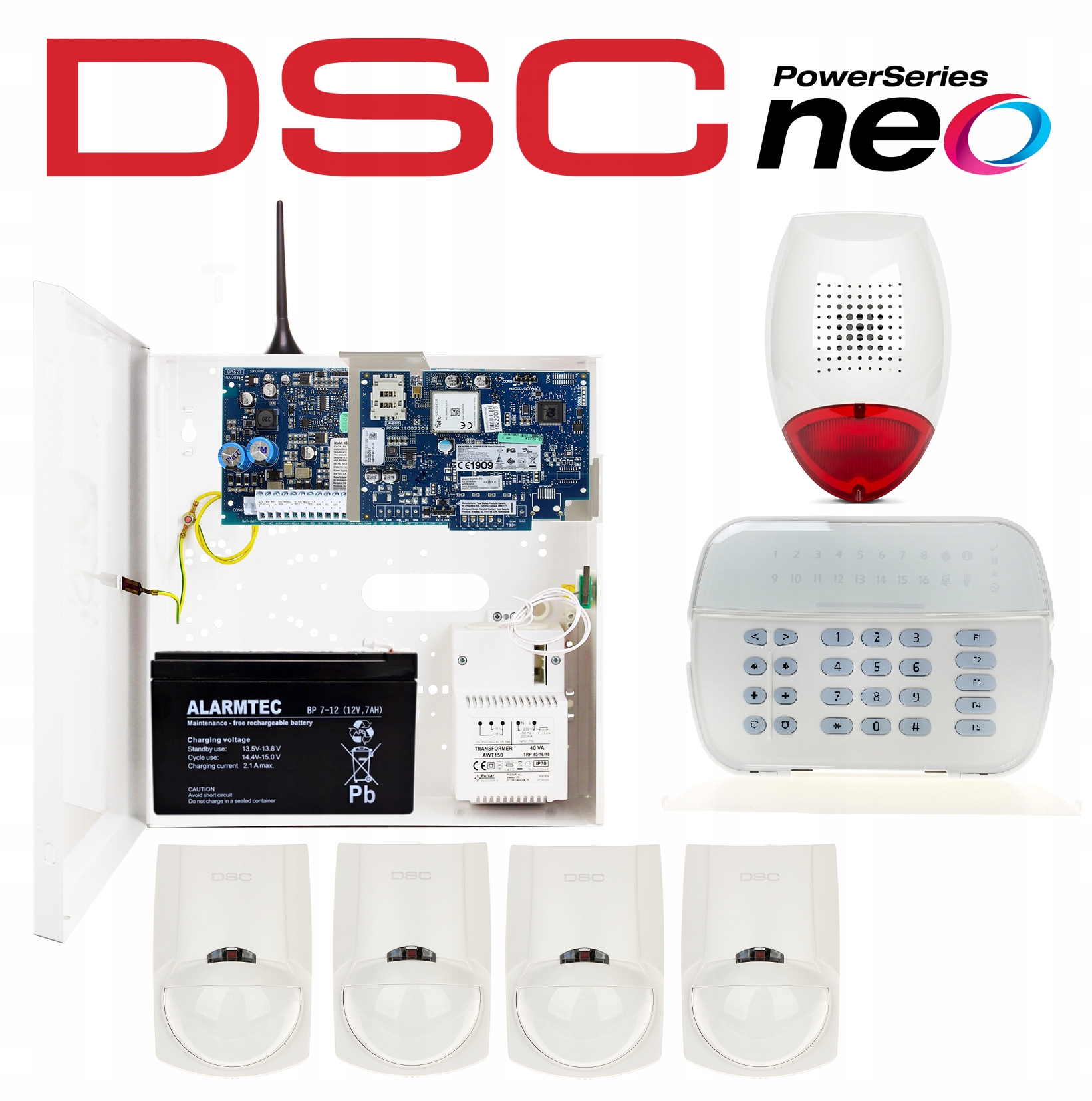 System Alarmowy Dsc Neo Zestaw 4 Czujek Pir LC100 Gsm Led Syrena Aplikacja