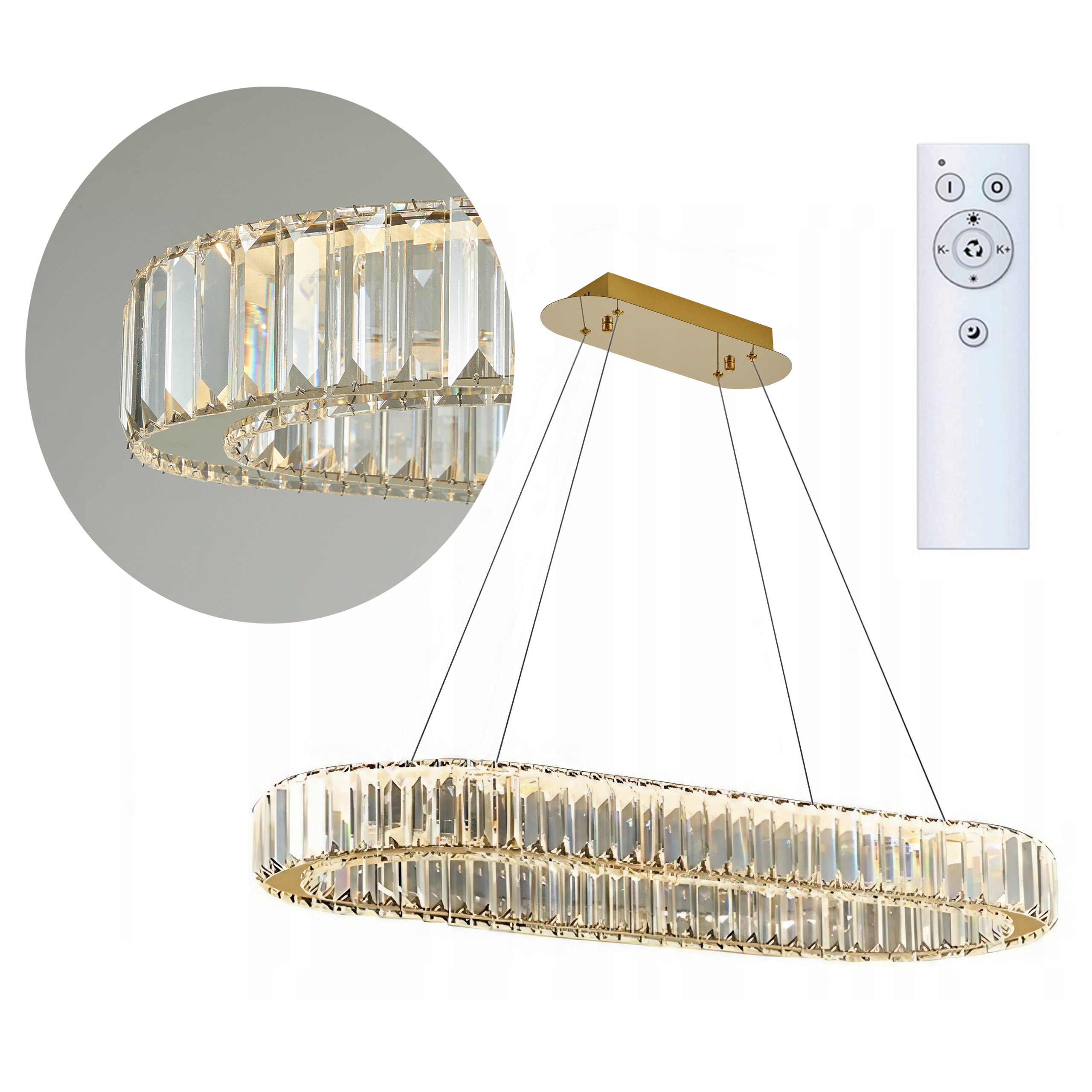 Lampa Sufitowa Kryształowa Złota nad Stół 90cm do Salonu z Pilotem Glamour