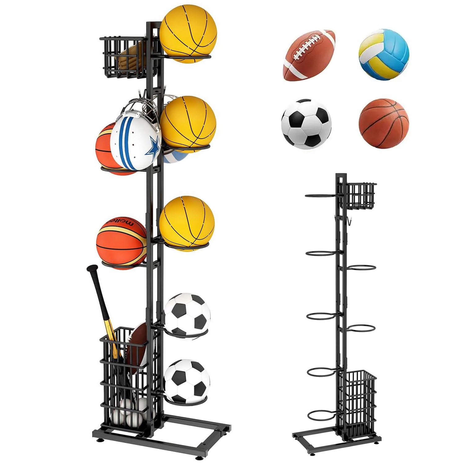 Wielofunkcyjny Regał Na Piłki Metalowy 7 Wiszaków 2 Kosze Basment Siłownia