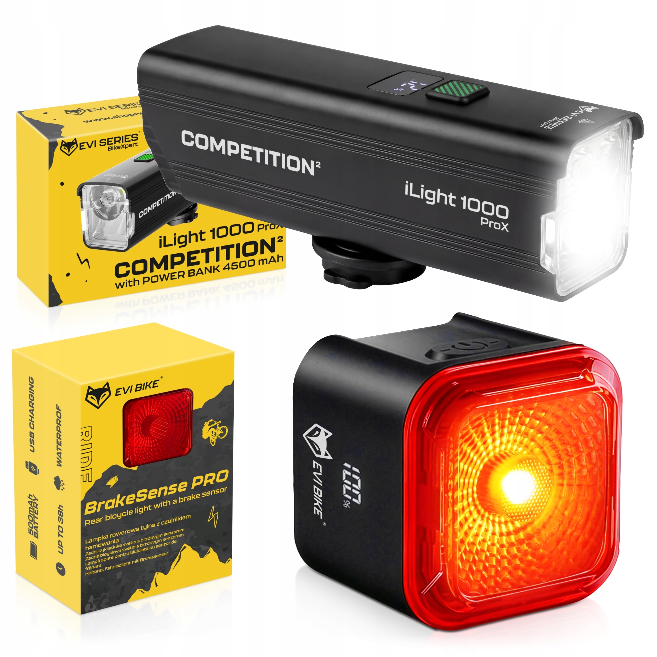 ZESTAW LAMPKA ROWEROWA PRZÓD TYŁ MOCNA CZUJNIK HAMOWANIA PRO 38h 1200LM LED