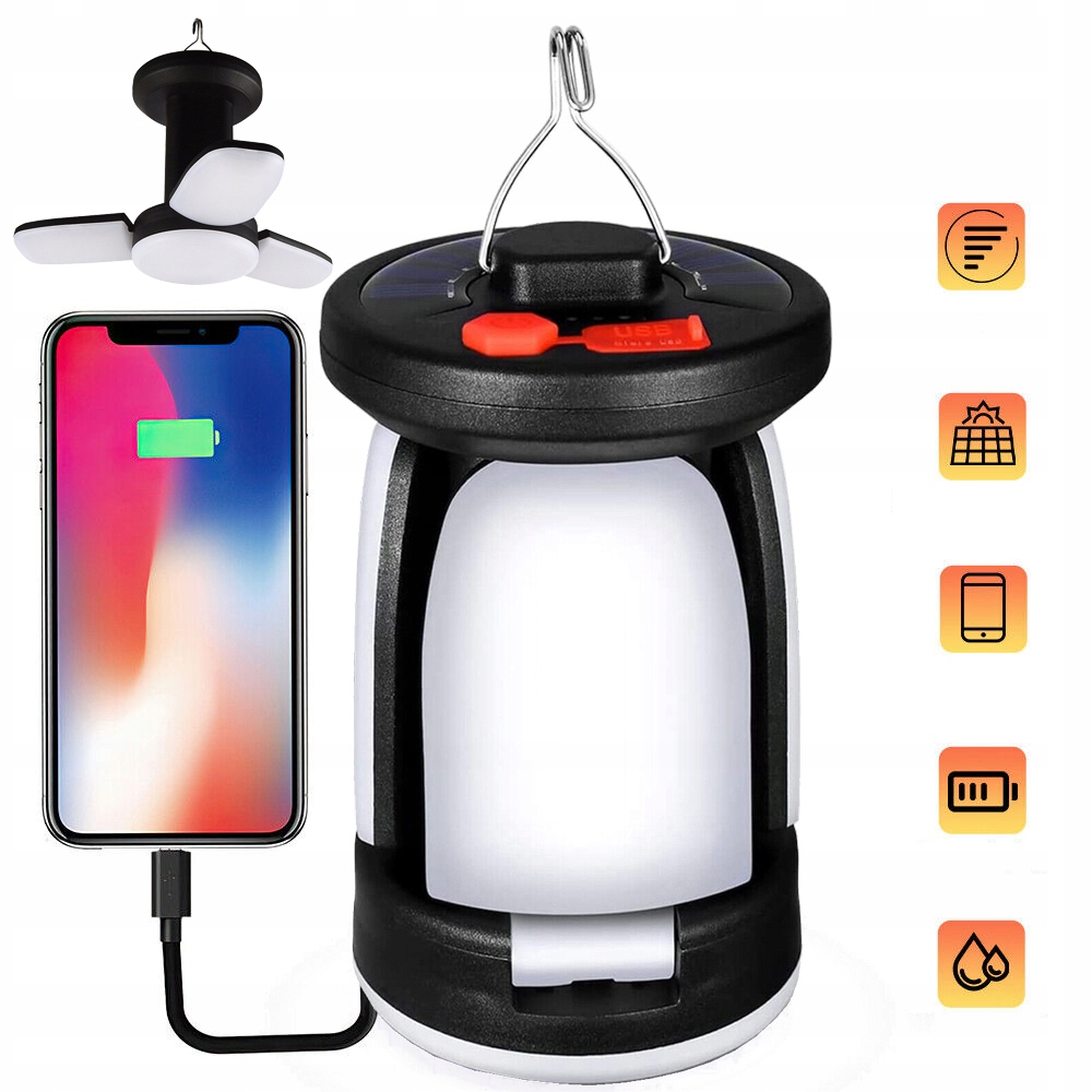 SOLARNA LAMPA KEMPINGOWA, ŁADOWANIE PRZEZ USB, PRZENOŚNA LATARNIA OGRODOWA